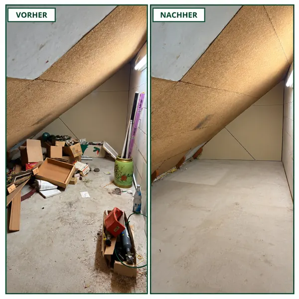 Dachbodenräumung vorher und nachher: Speicher voller Kartons, Holz und Altmaterial, danach leer und gekehrt – Lahn Service aus Wetzlar