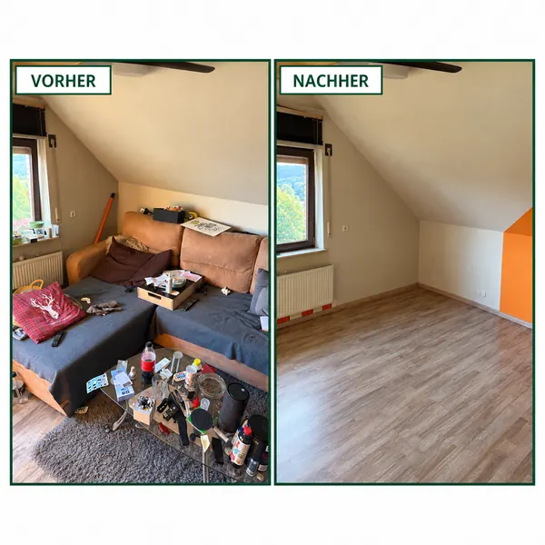 Entrümpelung einer Dachgeschosswohnung vorher und nachher: Sofa, Tisch und Hausrat entfernt, Raum leer übergeben – Lahn Service aus Wetzlar