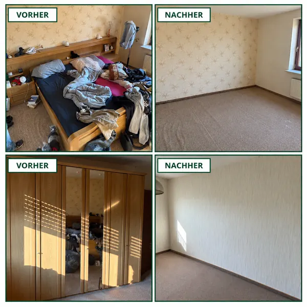 Entrümpelung eines Schlafzimmers vorher und nachher: Bett, Kleidung und Kleiderschrank entfernt – Lahn Service aus Wetzlar