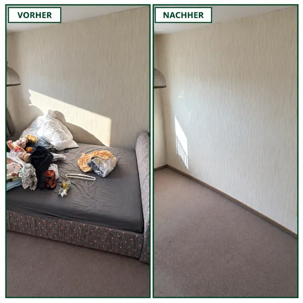 Zimmer vor und nach der Entrümpelung: Bett, Textilien und Hausrat entfernt – Lahn Service aus Wetzlar