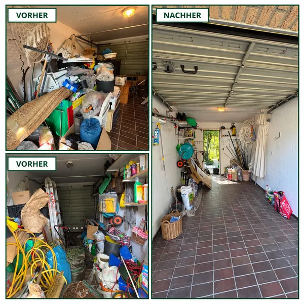 Garagenräumung vorher und nachher: vollgestellte Garage entrümpelt, Verbleibendes geordnet – Lahn Service aus Wetzlar