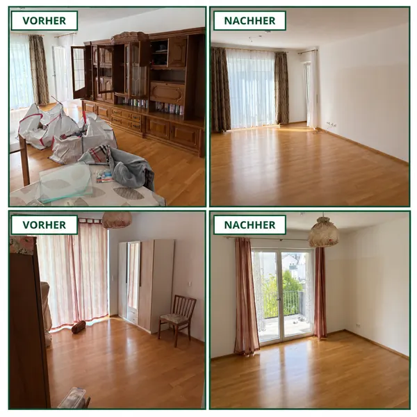 Haushaltsauflösung vorher und nachher: Wohnzimmer mit Schrankwand und Schlafzimmer komplett geräumt – Lahn Service aus Wetzlar